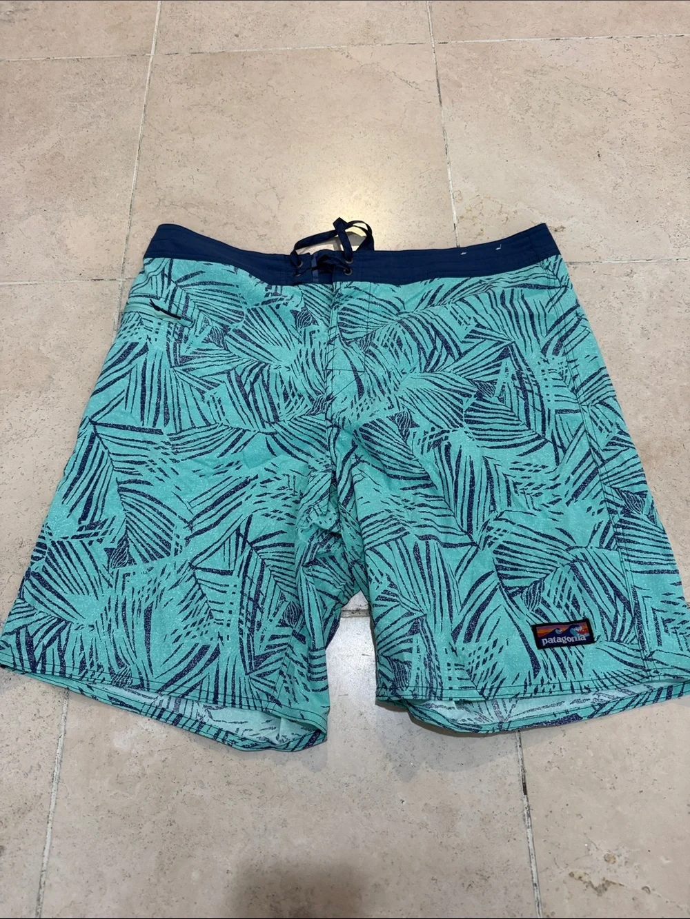 Patagonia Teal and Navy Palm-Print Board Shorts